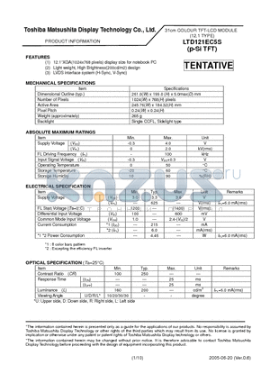 LTD121EC5S datasheet - 31cm COLOUR TFT-LCD MODULE