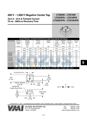 LTI202N datasheet - 200 V - 1,000 V Negative Center Tap 20.0 A - 25.0 A Forward Current 70 ns - 3000 ns Recovery Time