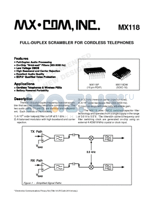 MX118P datasheet - FULL-DUPLEX SCRAMBLER FOR CORDLESS TELEPHONES