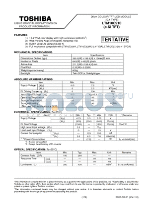 LTM10C210 datasheet - 26cm COLOUR TFT-LCD MODULE (10.4 TYPE)