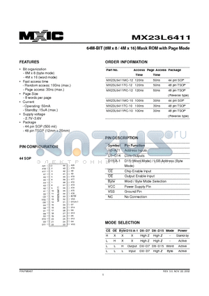 MX23L6411RC-10 datasheet - 64M-BIT (8M x 8 / 4M x 16) Mask ROM with Page Mode