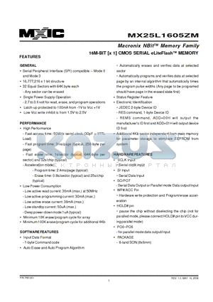 MX25L1605ZMI-20G datasheet - 16M-BIT [x 1] CMOS SERIAL eLiteFlashTM MEMORY