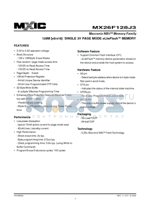 MX26F128J3 datasheet - Macronix NBit TM Memory Family 128M [x8/x16] SINGLE 3V PAGE MODE eLiteFlash TM MEMORY