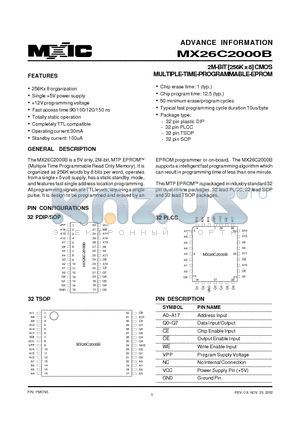 MX26C2000BPI-10 datasheet - 2M-BIT [256K x 8] CMOS MULTIPLE-TIME-PROGRAMMABLE-EPROM