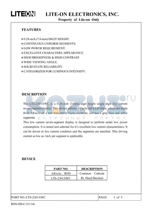 LTS-2301AWC datasheet - 0.28 INCH DIGIT HEIGHT SINGLE DIGIT LOW CURRENT SEVEN SEGMENT DISPLAY