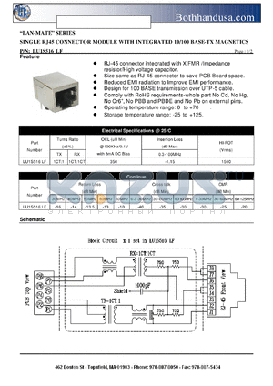 LU1S516LF datasheet - SINGLE RJ45 CONNECTOR MODULE WITH INTEGRATED 10/100 BASE-TX MAGNETICS
