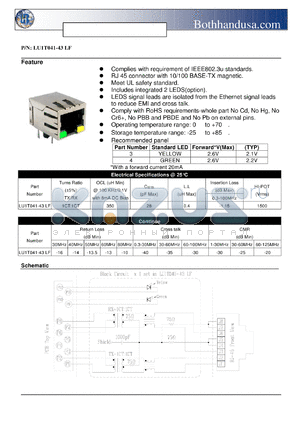 LU1T041-43LF datasheet - SINGLE RJ45 CONNECTOR WITH 10/100 BASE-TX MAGNETICS AND LEDS