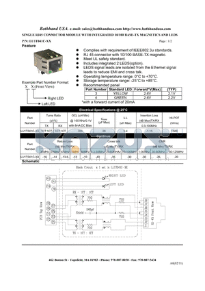 LU1T041C-XX datasheet - SINGLE RJ45 CONNECTOR MODULE WITH INTEGRATED 10/100 BASE-TX MAGNETICS AND LEDS