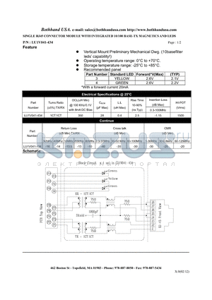 LU1V041-434 datasheet - SINGLE RJ45 CONNECTOR MODULE WITH INTEGRATED 10/100 BASE-TX MAGNETICS AND LEDS