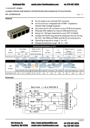 LU4T041X1LF datasheet - 1x4 RJ45 CONNECTOR MODULE WITH INTEGRATED 10/100 BASE-TX MAGNETICS
