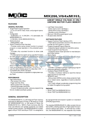 MX29LV64XML datasheet - 64M-BIT SINGLE VOLTAGE 3V ONLY UNIFORM SECTOR FLASH MEMORY