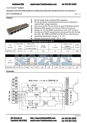 LU8T041Q1LF datasheet - 1X8 RJ45 CONNECTOR MODULE WITH INTEGRATED 10/100 BASE-TX MAGNETICS