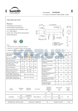 LUGR34M datasheet - T-1(3mm) BI-COLOR INDICATOR LAMP