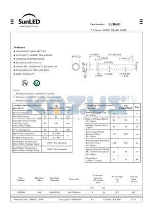 LUR65D datasheet - T-1 (3mm) SOLID STATE LAMP