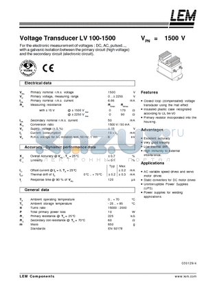 LV100-1500 datasheet - Voltage Transducer