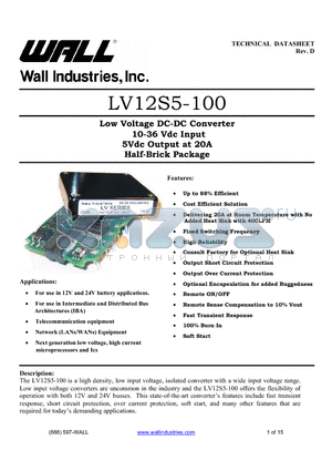 LV12S5-100 datasheet - Low Voltage DC-DC Converter 10-36 Vdc Input 5Vdc Output at 20A Half-Brick Package