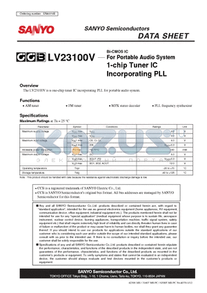 LV23100V datasheet - For Portable Audio System 1-chip Tuner IC Incorporating PLL