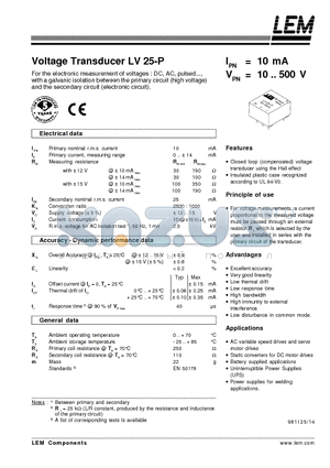 LV25-P datasheet - VOLTAGE TRANSDUCER LV 25-P