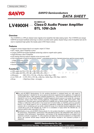 LV4900H datasheet - Bi-CMOS LSI Class-D Audio Power Amplifier BTL 10W2ch
