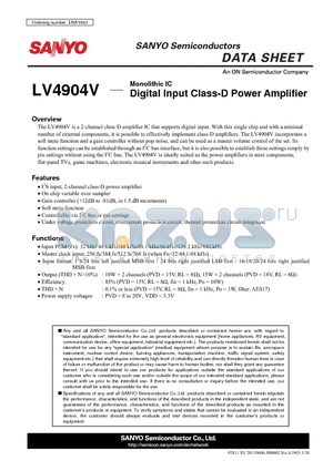LV4904V datasheet - Digital Input Class-D Power Amplifier