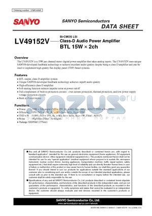 LV49152V datasheet - Class-D Audio Power Amplifier