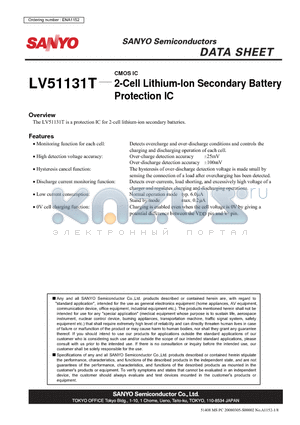 LV51131T datasheet - CMOS IC 2-Cell Lithium-Ion Secondary Battery Protection IC