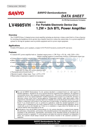 LV4985VH_0912 datasheet - For Portable Electronic Device Use 1.2W x 2ch BTL Power Amplifier