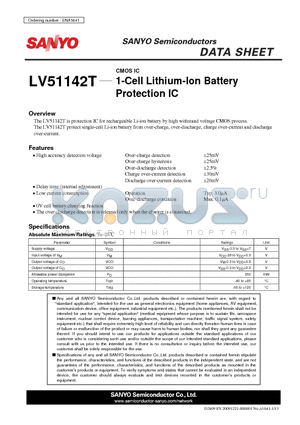 LV51142T datasheet - CMOS IC 1-Cell Lithium-Ion Battery Protection IC