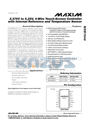 MXB7846EUE datasheet - 2.375V to 5.25V, 4-Wire Touch-Screen Controller with Internal Reference and Temperature Sensor