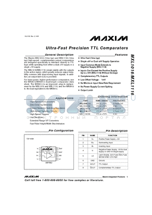 MXL1016CS8 datasheet - Ultra-Fast Precision TTL Comparators