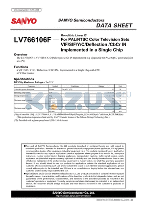 LV766106F datasheet - For PAL/NTSC Color Television Sets VIF/SIF/Y/C/Deflection /CbCr IN Implemented in a Single Chip
