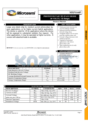 MXP1144P datasheet - PHOTOVOLTAIC BY-PASS DIODE 50 VOLTS, 1.0 Amps