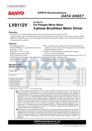 LV8112V datasheet - Bi-CMOS IC For Polygon Mirror Motor 3-phase Brushless Motor Driver