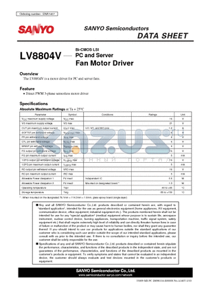 LV8804V datasheet - PC and Server Fan Motor Driver