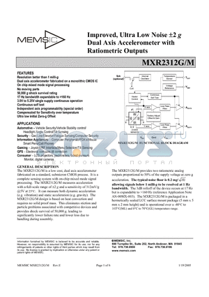 MXR2312G datasheet - Improved, Ultra Low Noise a2 g Dual Axis Accelerometer with Ratiometric Outputs