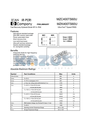 MZK400TS60U datasheet - Fast Recovery Epitazial Diode INT-A-PAK