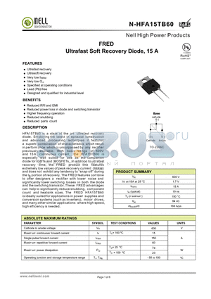 N-HFA15TB60 datasheet - FRED Ultrafast Soft Recovery Diode, 15 A