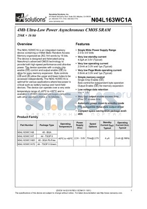 N04L163WC1AB1-70I datasheet - 4Mb Ultra-Low Power Asynchronous CMOS SRAM