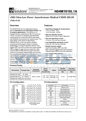 N04M1618L1AD datasheet - 4Mb Ultra-Low Power Asynchronous Medical CMOS SRAM 256Kx16 bit