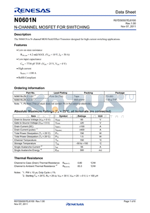 N0601N-ZK-E2-AY datasheet - N-CHANNEL MOSFET FOR SWITCHING