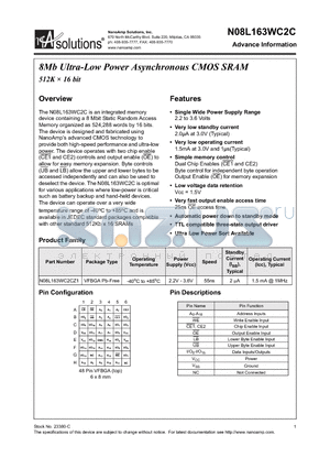 N08L163WC2CZ1-55IL datasheet - 8Mb Ultra-Low Power Asynchronous CMOS SRAM 512K  16 bit