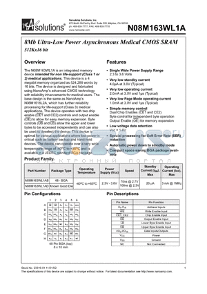 N08M163WL1AB-70I datasheet - 8Mb Ultra-Low Power Asynchronous Medical CMOS SRAM 512Kx16 bit