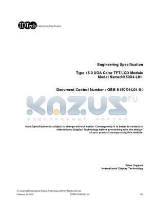 N150X4-L01 datasheet - Engineering Specification Type 15.0 XGA Color TFT/LCD Module