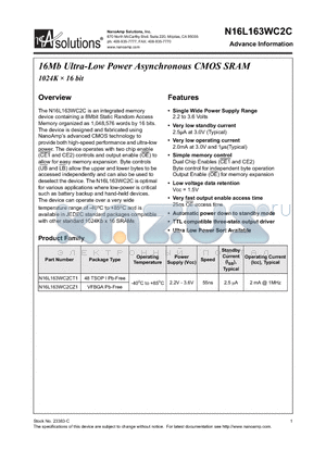 N16L163WC2C datasheet - 16Mb Ultra-Low Power Asynchronous CMOS SRAM 1024K  16 bit