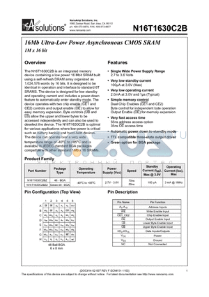 N16T1630C2BZ-70 datasheet - 16Mb Ultra-Low Power Asynchronous CMOS SRAM