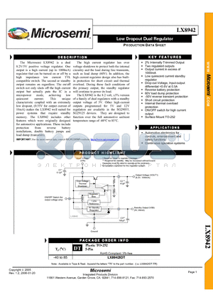 LX8942 datasheet - Low Dropout Dual Regulator