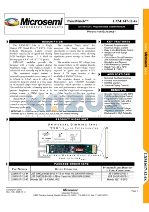 LXM1617-12-41 datasheet - 12V 4W CCFL Programmable Inverter Module