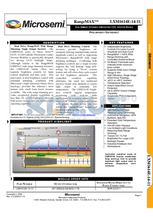 LXM1614E-14-11 datasheet - DUAL DIMMING, EXTENDED TEMPERATURE CCFL INVERTER MODULE