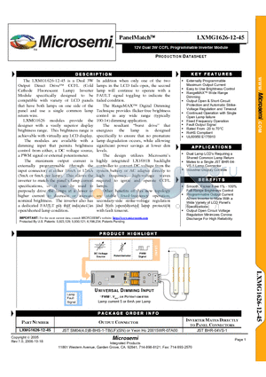 LXMG1626-12-45 datasheet - 12V Dual 3W CCFL Programmable Inverter Module