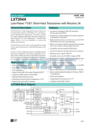 LXT304A datasheet - Low-Power T1/E1 Short-Haul Transceiver with Receive JA